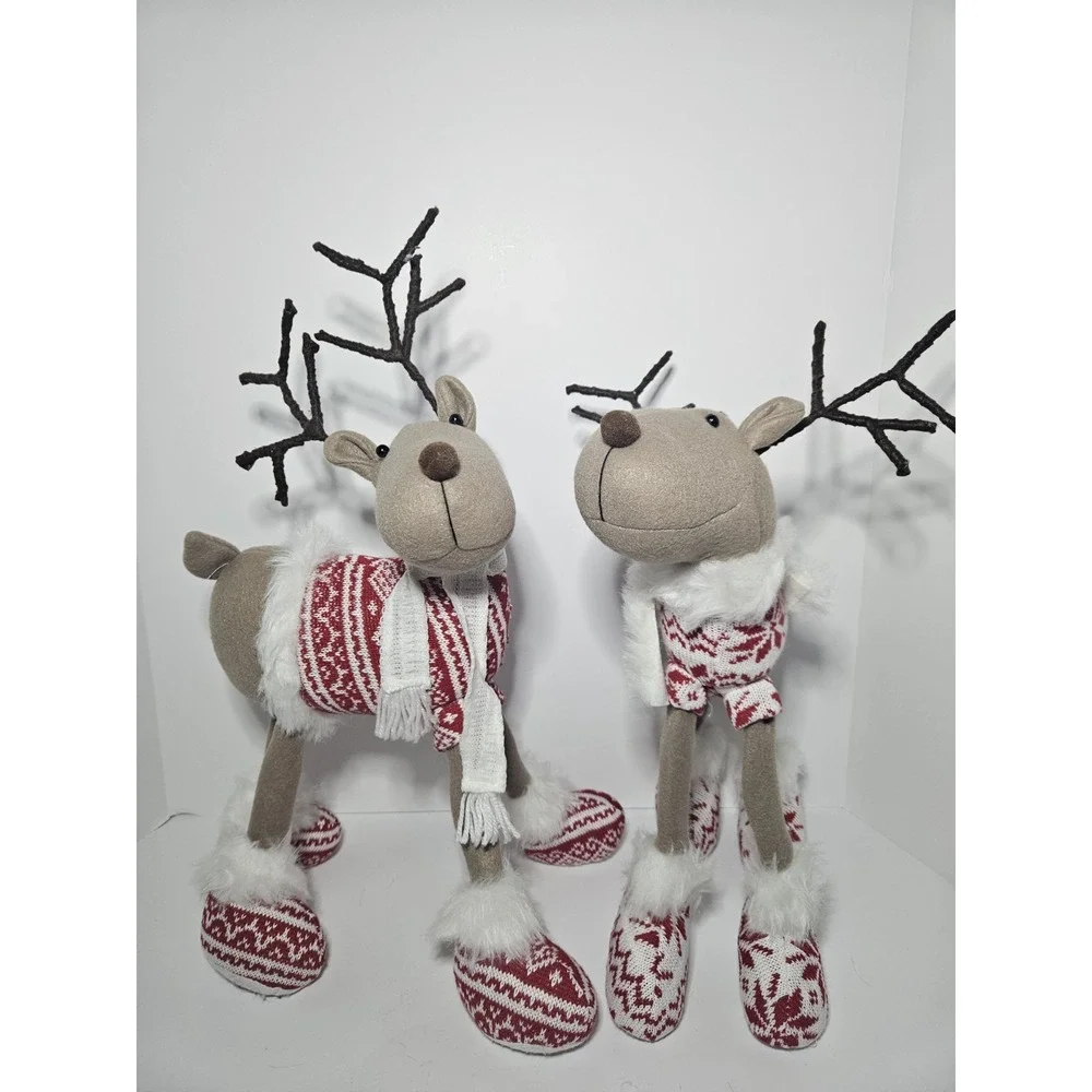 Christmas Plush Reindeer Figurine Pair Nordic Sweater Fair Isle Holiday Decor